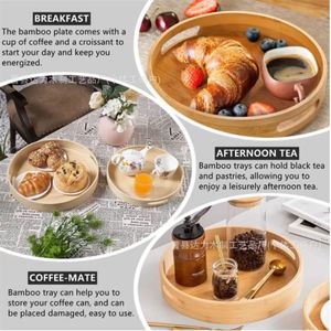 Solid Wood Serving Tray Round With Handle For Tea Coffee Dessert Fruit Set 30cm Diameter Natural Bamboo Material - Product Image 3