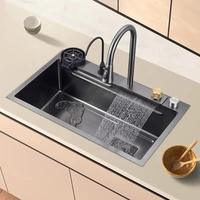 Évier de cuisine intelligent moderne noir en acier inoxydable 304 Nano avec porte-gobelets, évier simple