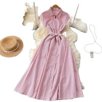 Robes mi-longues Kingsa style coréen, taille empire, romantiques, coupe trapèze, sans manches, rayées, pour femme, été, respirantes, lavables, avec ceintures tissées