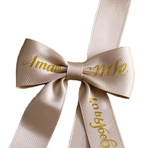Custom Gold Foil Printed Satin <b>Ribbon</b> Bow With Personalized Text For Gift Packaging - Product Image 1