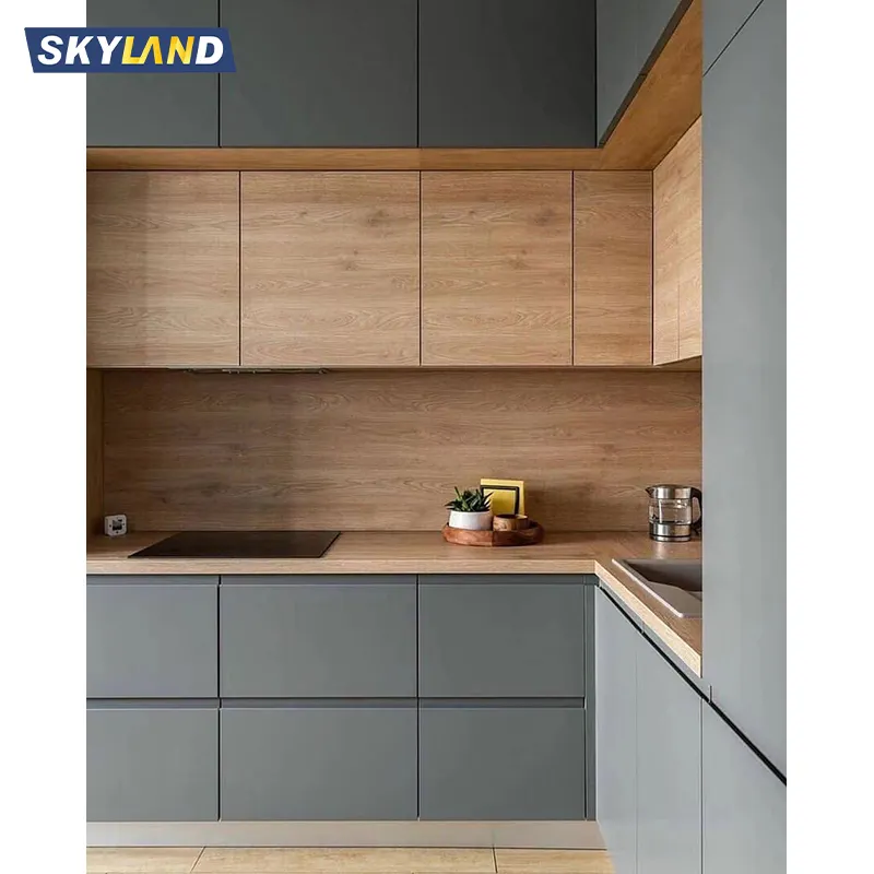 Armadietti da cucina in laminato Skyland Design moderno modulare mobile da cucina in melamina con luce a LED