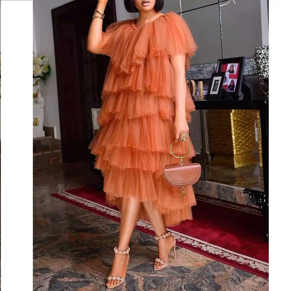 Woman Orange Sexy Cake Summer Flutter Sleeve Woman Maxi Dress African Designs Picture