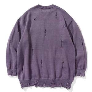 Purple Men's Knitted <b>Pullover</b> <b>Sweater</b> with Ripped Design and Letter Printing Autumn Style - Product Image 2