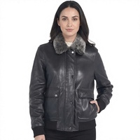 Jaket Kulit Asli Wanita Mantel Bomber Berlapis Kulit Domba Kerah Lipat Penutup Ritsleting Pakaian Luar Musim Gugur