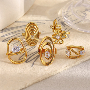 Stainless Steel 18K Gold PVD Plated Abstract Geometric Flower Zircon Open Cuff <b>Ring</b> Trendy Adjustable <b>Finger</b> <b>Rings</b> For Women - Product Image 6