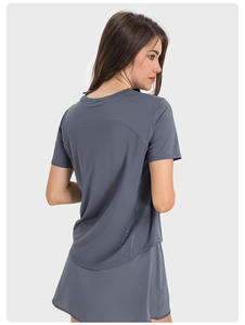 Camiseta DE <span class=keywords><strong>TENIS</strong></span> transpirable ecológica para <span class=keywords><strong>mujer</strong></span>, logotipo personalizado, venta al por mayor, mangas cortas de seda helada, cuello redondo, parte delantera de Fitness deportivo hueco - Product Image 3