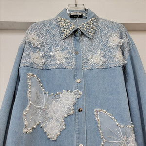 2026 Grosir Kemeja Denim Elegan dengan Aplikasi Kupu-kupu 3D dan Renda Organza, Hiasan Mutiara, Desainer, Model Longgar untuk Wanita - Product Image 3