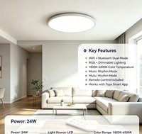 Plafonnier LED intelligent Tuya 24W WiFi RGB à intensité variable avec télécommande, mode rythme musical 1800K-6500K