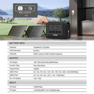 Station d'alimentation portable 2000W, batterie au lithium LiFePO4 1024Wh, générateur solaire, stockage d'énergie, alimentation pour le camping en plein air - Product Image 6
