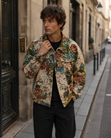 Veste en jacquard floral vintage pour homme, coupe ample, boutonnée, style décontracté, avec poches