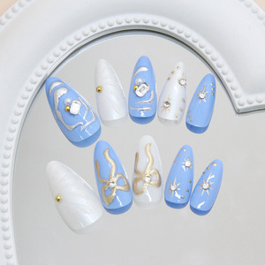 Lot de 24 faux ongles 3D à presser, en ABS, forme amande, bleu et blanc, imprimés, couvrance totale - Product Image 4