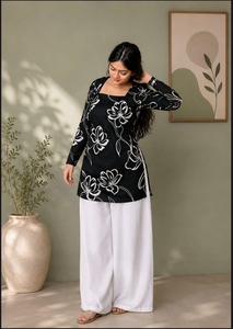 Robe de plage noire à imprimé floral pour femme, col en V, manches longues, tunique courte, pour la plage, les vacances, le quotidien, viscose/coton, séchage rapide, respirante - Product Image 2