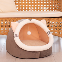 Nouveau Design Animal mignon lit molletonné pour animaux de compagnie avec boule suspendue jouets grotte pour chat amovible peluche douce coussin lit maison hiver belle solide
