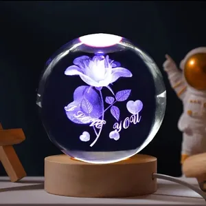 Bola de cristal rosa 3D para mesa, lâmpada LED de luz noturna para decoração de festas, dia dos namorados, Natal e aniversário, 60 mm
