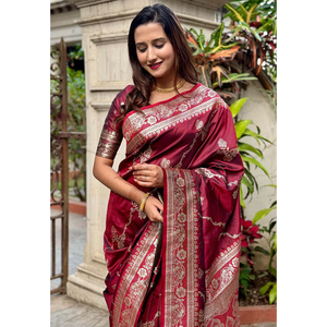 Sari en soie douce tissé Banarasi Jaal de couleur marron, châle indien de luxe en zari - Product Image 6