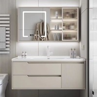Meuble de salle de bain moderne en bois massif avec double vasque, miroir LED, égouttoir en acier inoxydable, résistant à l'eau, pour appartement, ferme