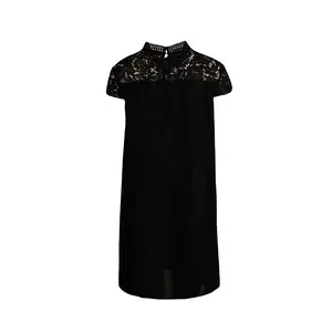 100% 涤纶透气中式黑色蕾丝及膝长度镂空袖旗袍连衣裙
