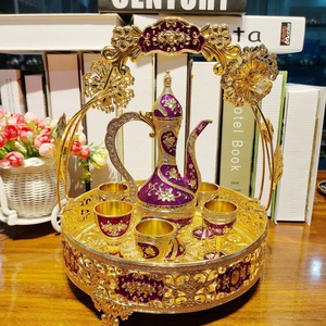 Manufacturer's <b>basket</b> set with plum blossoms, grapes, and roses for hotel and home use gold Metal wine flask and glasses - Product Image 5