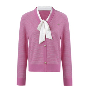 Cardigan Corto da <span class=keywords><strong>Donna</strong></span> con Scollo a V, Lavorazione a Nido d'Ape, Bottoni in Perla, Maniche Lunghe, Elegante Giacca Maglione Viola con Fiocco Bianco - Product Image 4