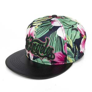 Casquettes Snapback Unisexe Personnalisées à Bord Plat en Cuir Imprimé Floral avec Broderie 3D Los Angeles pour Performance et Cyclisme en Extérieur - Product Image 1