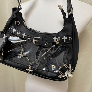 Bolso bandolera gótico multibolsillos con colgante de estrella metálica, correa ancha, almohadilla de inserción y ventana transparente para exhibición de pines - Product Image 4