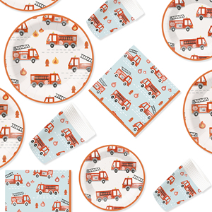 DAMAI Firetruck Birthday Party Supplies <b>Fire</b> Truck Theme Paper Plates and Napkins Set Disposable Firefighter Party Dinnerwares - Product Image 5