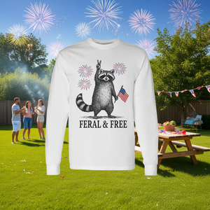 Camiseta de manga larga Feral And Free Raccoon para adultos, unisex, con cuello redondo, impresión digital, actividades promocionales - Product Image 3