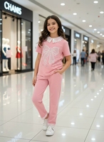 T-shirt à manches courtes de haute qualité avec col en dentelle, broderie et strass thermocollants + pantalon en dentelle, ensemble 2 pièces pour tous les jours et tenue de rue