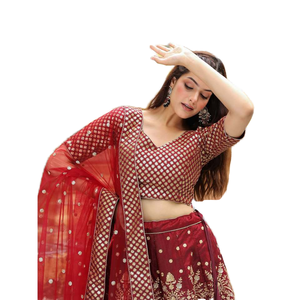 Lehenga choli ผ้าไหมดิบประดับเลื่อมสีแดงเข้มที่สวยงามสำหรับชุดแต่งงาน - Product Image 1