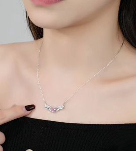 S925 Sterling Silver <b>Angel</b> <b>Wing</b> Pink Heart Zircon Necklace Light Luxury Goddess Style Versatile Clavicle Silver <b>Jewelry</b> For Wome - Product Image 6