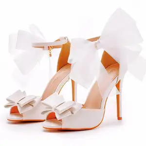 Full Custom Bridal Shoes Mesh Irregular Bow Ankle Strap Heeled Sandals Ladies Dress Heels Pumps Custom Wedding Shoes With Logo