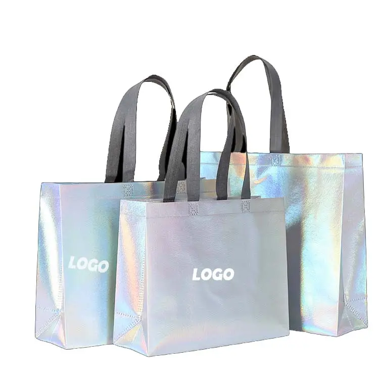 2024 baru hadiah holographis warna-warni tas glitter dapat digunakan kembali non-tenun perak metalik tas belanja laser tas tote sublimasi dengan