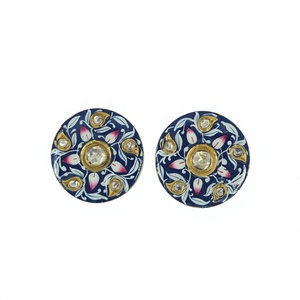 Luxury Fashion Earing Gold Finish Navy <b>Blue</b> Hand Painted Floral Round <b>Stud</b> <b>Earrings</b> Premium Women Jewelry - Product Image 1