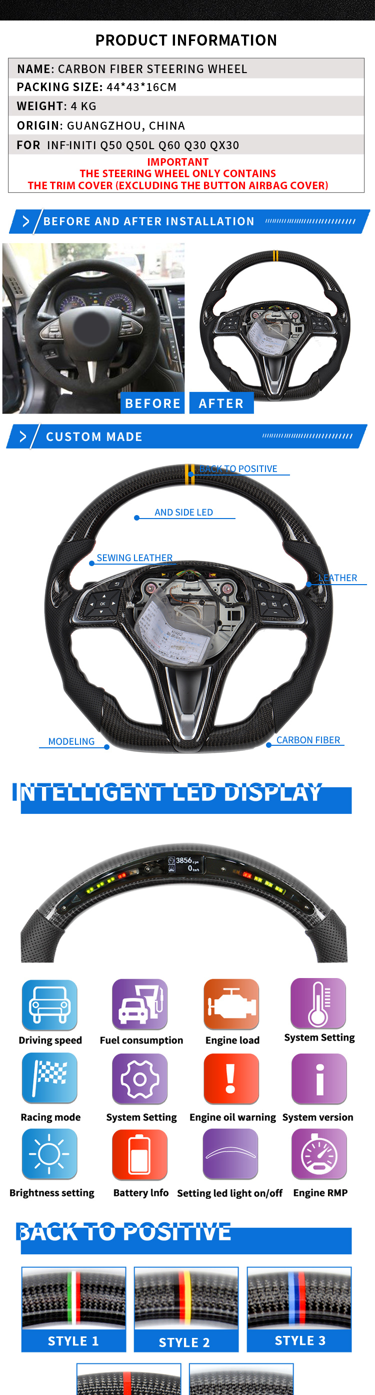 For Infiniti Q50 Q50L Q60 Q30 QX30 Q50L FX JX QX70 QX80 Cu-stom Al-cantar carbon fiber steering wheel racing wheel convertible