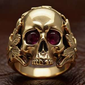 Golden Skull <b>Ring</b> With <b>Ruby</b> Eyes Bezel Setting Punk Jewelry <b>For</b> Halloween <b>Men</b> Women - Product Image 1
