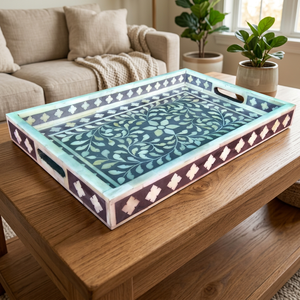 Plato Rectangular Extra Grande con Incrustaciones de Hueso, Hecho a Mano, Ecológico, con Recubrimiento en Polvo, Apto para Lavavajillas y Microondas, Multiusos, con Diseño Floral para el Hogar - Product Image 1