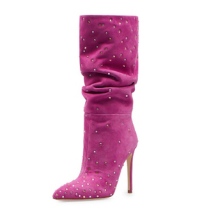 Botas de Media Pantorrilla para Mujer, con Punta en Pico, Tacón de Aguja, de Gamuza, con Pedrería Azul, Elegantes y Sexys, con Pliegues - Product Image 6