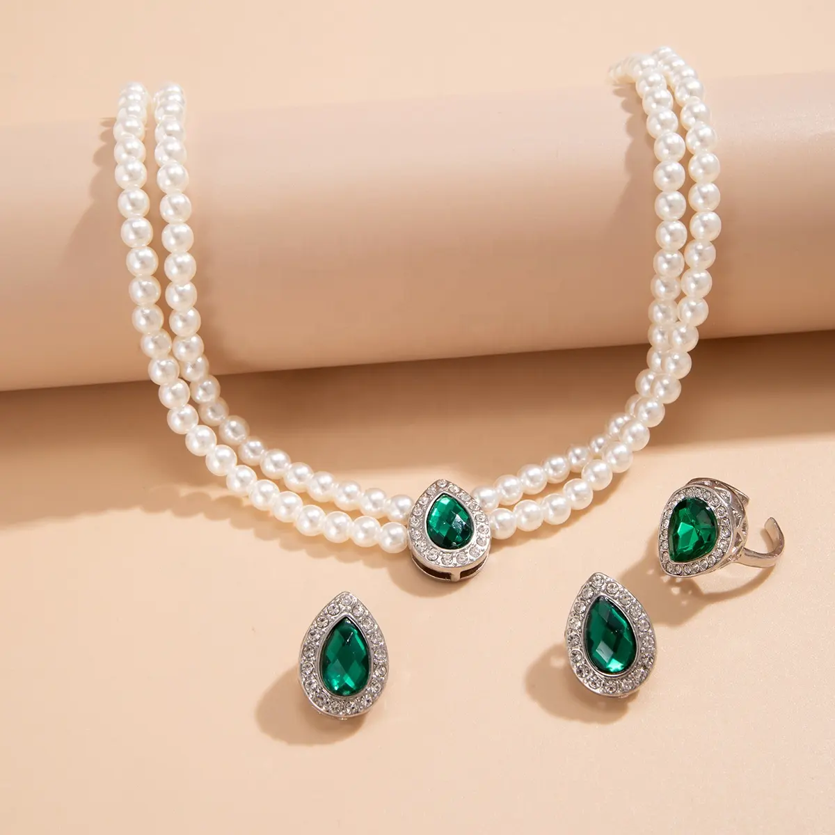 Luxe Meerlagige Imitatie Parel Kralen Groene Waterdruppel Kristallen Ketting Oorbellen Ring Set Bruid Huwelijksfeest Cadeau