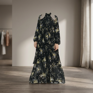 Traditional Muslim Modest Chiffon Floral Print Ruffled <b>Long</b> Sleeve Maxi Hijab <b>Dress</b> Abaya Breathable Party Casual Summer - Product Image 4