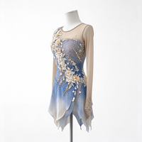 Robe de patinage et de danse dégradé bleu et blanc, maille nude, manches longues, strass floraux, pour enfants et adultes, compétition et performance