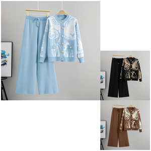 <span class=keywords><strong>Ensemble</strong></span> <span class=keywords><strong>d</strong></span>écontracté deux pièces pour <span class=keywords><strong>femme</strong></span>, automne-<span class=keywords><strong>hiver</strong></span>, imprimé, boucle métallique, cardigan en tricot, pantalon large - Product Image 2