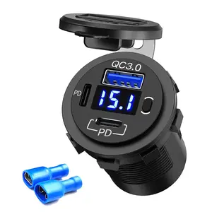 Dual PD And QC3.0 Port Car Charger Socket 12V USB Outlet With Voltmeter And Power Switch For Car Boat Mari