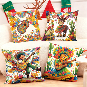 Coussins d'art populaire <span class=keywords><strong>mexicain</strong></span> aux motifs festifs, avec des musiciens mariachi, des ânes et des cactus - Product Image 1
