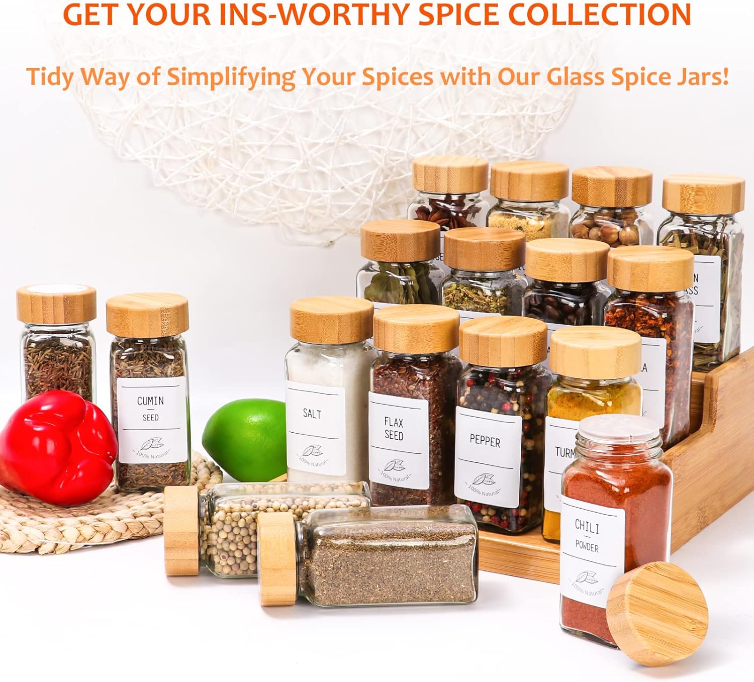 Bamboo Wood Lid Glass Storage Bottles Spice 4oz 120ml Kitchen Spice Jars 12pcs 24pcs 36pcs Spice Jars with Labels