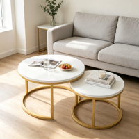 Ensemble de tables basses gigognes modernes, plateau blanc mat, structure en métal doré, 2 pièces, pour salon, appartement, chambre à coucher