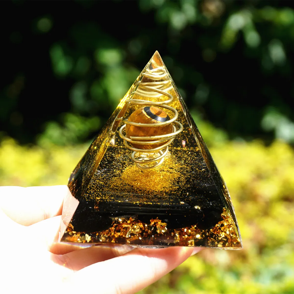 Esfera de cristal de ojo de tigre hecha a mano con turmalina negra, Círculo de cobre, orgón, pirámide de energía, chakra, reiki, decoración