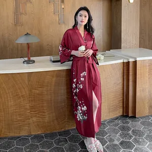 Áo Choàng Kimono 2023 Bộ Đồ Ngủ In Họa Tiết Có Thắt Lưng Bộ Đồ Ngủ Dài Tay Sang Trọng Áo Choàng Nữ Quyến Rũ 100% Lụa Satin