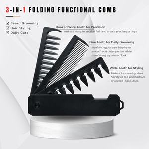 New Arrival Folding Pocket <b>Comb</b> Custom Logo Plastic 3- in -1 Beard Care Barber <b>Comb</b> Wide Tooth Detangling Hair <b>Combs</b> - Product Image 3