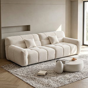 Canapé deux places minimaliste en bouclette avec dossier capitonné, accoudoirs incurvés, forme semi-circulaire, rembourrage en mousse, mobilier de salon - Product Image 1