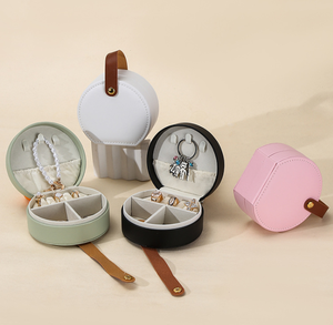 Multi-color PU Leather Travel Jewelry <b>Box</b> <b>Mini</b> Round <b>Jewellery</b> Organizer Case With Handle For Rings Earrings Necklaces Storage - Product Image 2